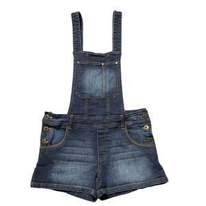 SouthPole Denim Overall Shorts Dark Wash Gold Button Accents Casual Romper Y2K